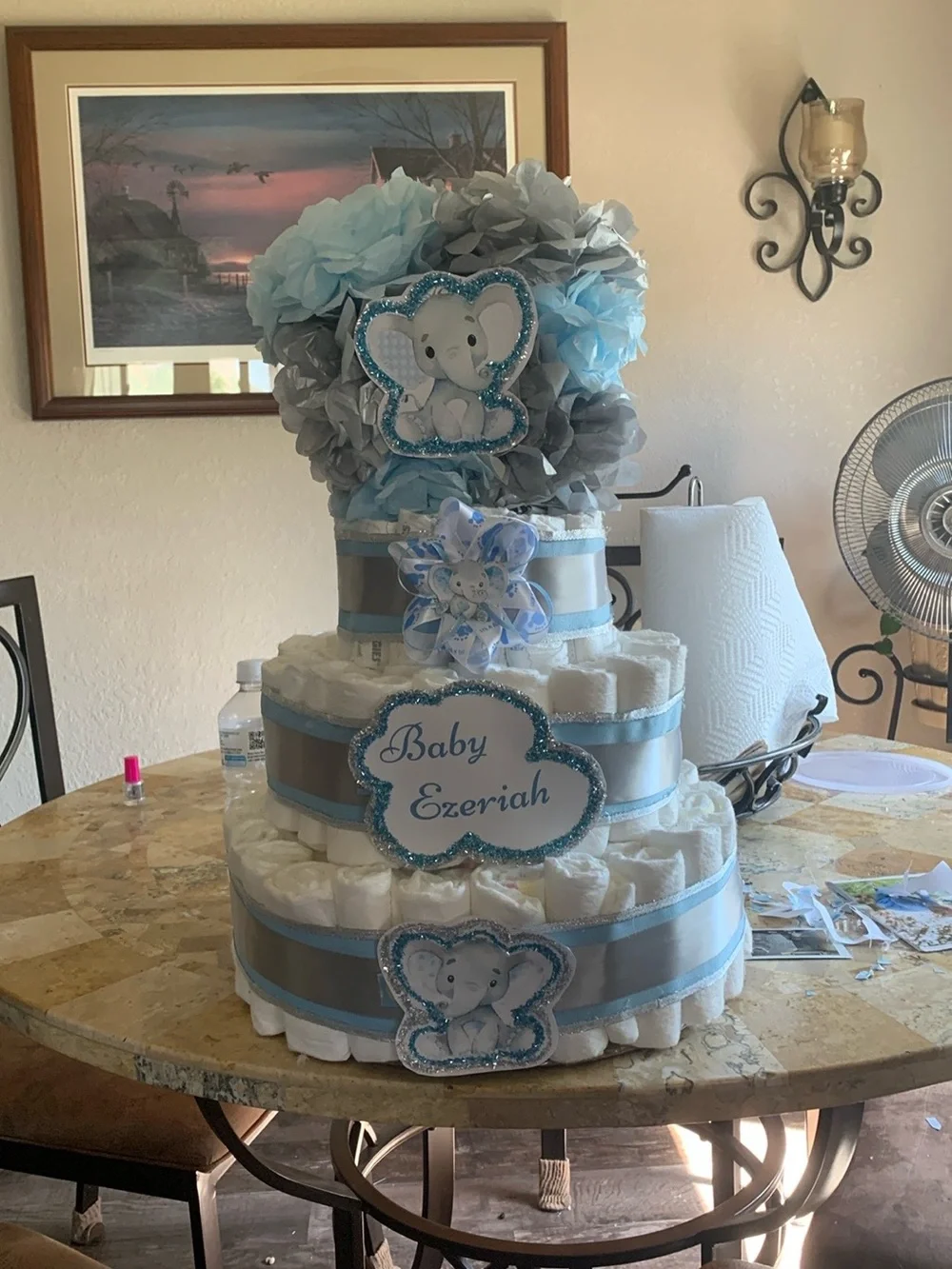 Woodland Baby Shower Diaper Cake with Purple Ribbon and Floral Accents